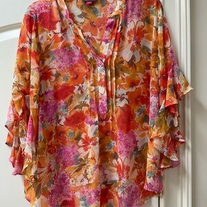 Vince Camuto Red Orange Ruffled 3/4 Sleeve Blouse